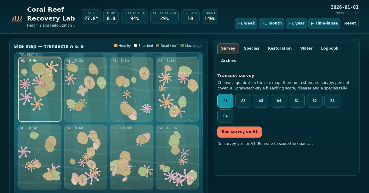 Screenshot of the Coral Reef Recovery Lab demo